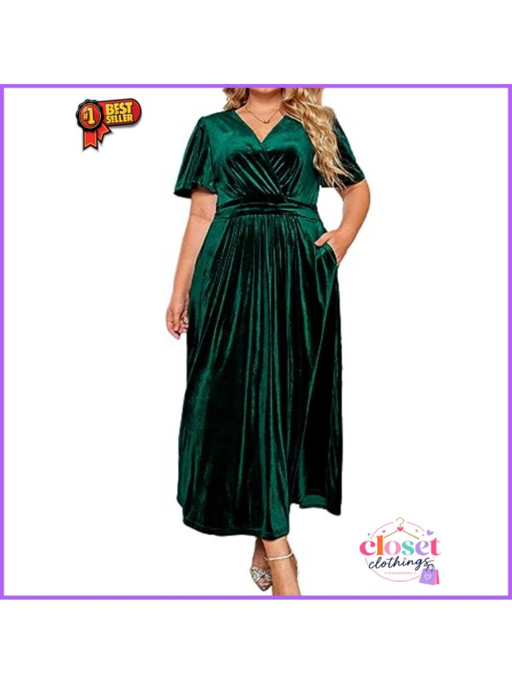 Velvet Formal Maxi Dress V-Neck Short Sleeve High Waist Wedding Guest